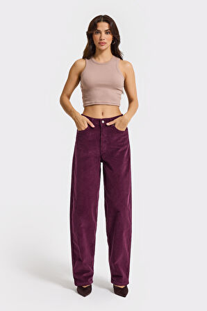 Kadın Mor Renk 26w5-111 Skater Fit Esnek Kumaş İnce Fitilli Velvet Kadife Kumaş Pantolon