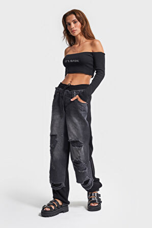 Kadın Siyah Renk 10w48 Parçalı Kumaş Tasarım Jogger Denim