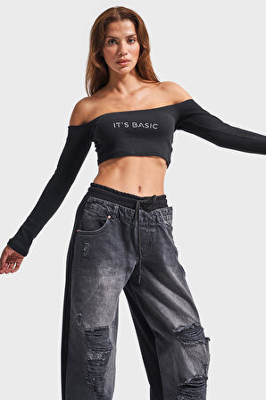 Kadın Siyah Renk 10w48 Parçalı Kumaş Tasarım Jogger Denim