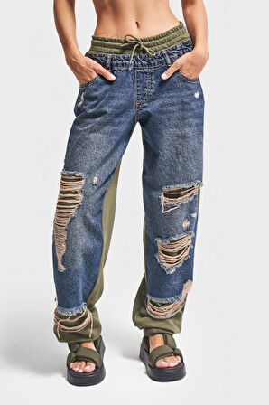 Kadın Haki Renk 10w48 Parçalı Kumaş Tasarım Jogger Denim