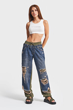 Kadın Haki Renk 10w48 Parçalı Kumaş Tasarım Jogger Denim