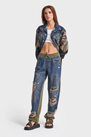 Kadın Haki Renk 10w48 Parçalı Kumaş Tasarım Jogger Denim