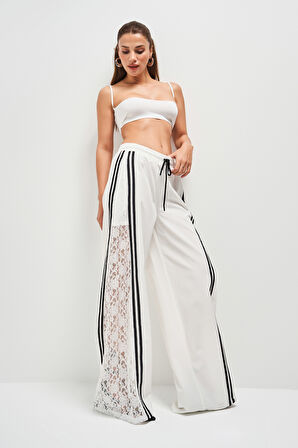 Kadın Ekru Renk Palazzo Fit Dantel Ve Şerit Detaylı Tasarım Pantolon