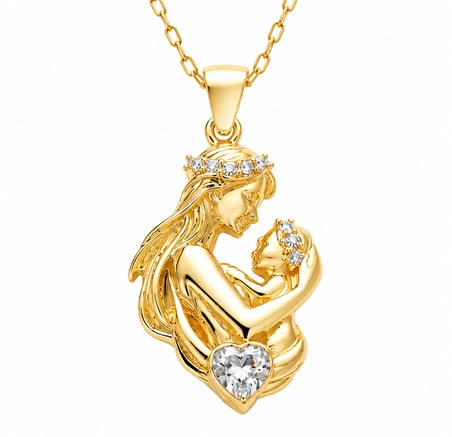 💎 Premium Parlak ve Şık Anne Bebek Figürlü Kalp Taşlı Gold Renk 925 Ayar Gümüş Kolye (45 cm)