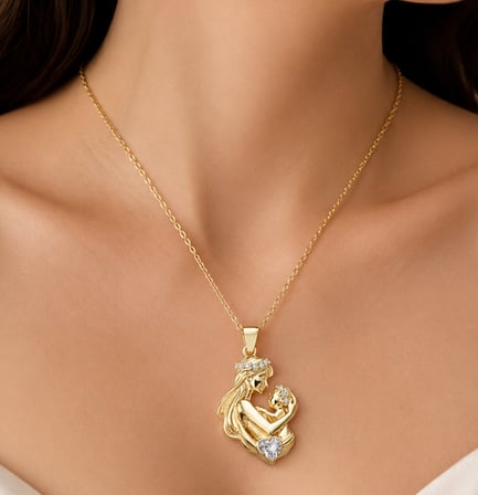 💎 Premium Parlak ve Şık Anne Bebek Figürlü Kalp Taşlı Gold Renk 925 Ayar Gümüş Kolye (45 cm)