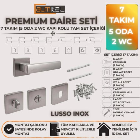 Lusso Inox 5 ADET ODA 2 ADET WC Kare Rozetli Kapı Kolu SET
