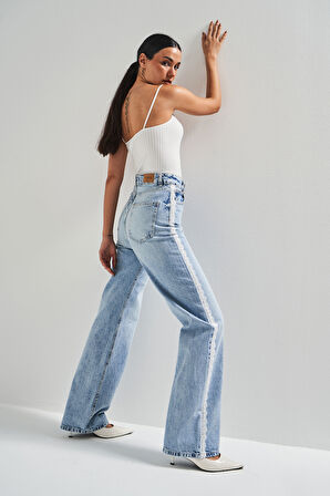 Kadın Ice Renk D1-4S5-3 Straight Fit Yüksek Bel Dantel Şeritli Tasarım %100 Koton Denim Jean
