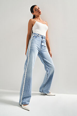 Kadın Ice Renk D1-4S5-3 Straight Fit Yüksek Bel Dantel Şeritli Tasarım %100 Koton Denim Jean