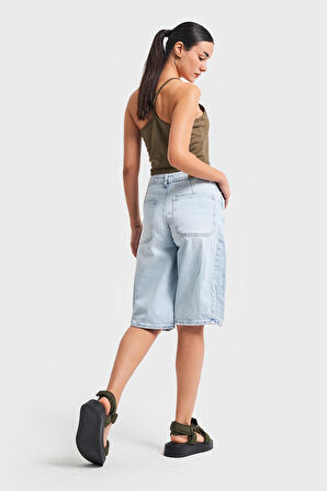 Kadın Snow Kot Rengi Midi Boy Barrel Fit Denim Şort
