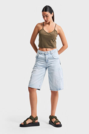 Kadın Snow Kot Rengi Midi Boy Barrel Fit Denim Şort