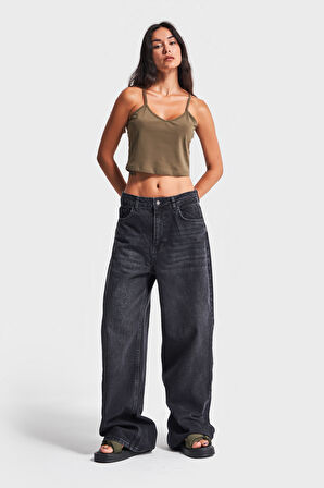 Kadın Koyu Füme Renk 2w41 Super Baggy Fit %100 Koton Denim