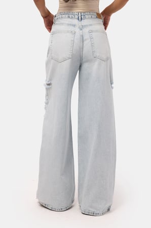 Kadın Kot Rengi 12s6-100 Süper Baggy Fit Yırtık Detaylı Denim Jean