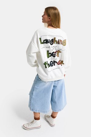 Kadın Beyaz w5 Oversize Baskılı %100 Koton Organik Kumaş Sweatshirt