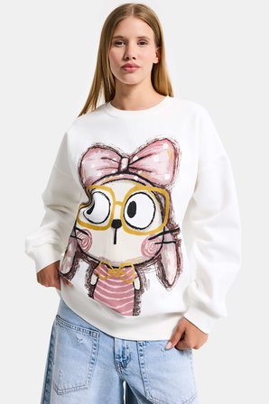 Kadın Beyaz w5 Oversize Baskılı %100 Koton Organik Kumaş Sweatshirt