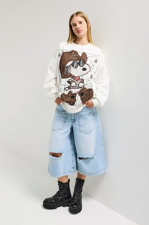 Kadın Beyaz w5 Oversize Baskılı %100 Koton Organik Kumaş Sweatshirt