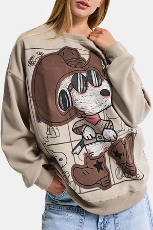 Kadın Ekru Bej w5 Oversize Baskılı %100 Koton Organik Kumaş Sweatshirt