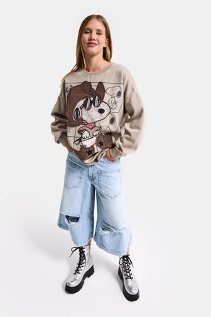 Kadın Ekru Bej w5 Oversize Baskılı %100 Koton Organik Kumaş Sweatshirt
