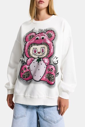 Kadın Beyaz w5 Oversize Baskılı %100 Koton Organik Kumaş Sweatshirt