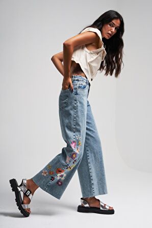 Kadın Snow Kot Rengi Çiçek Nakışlı Culotte Fit Tasarım Denim