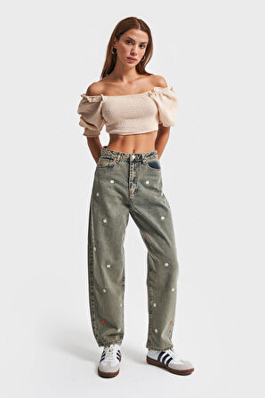 Kadın S Tint Kot Rengi Papatya Nakışlı %100 Koton Denim