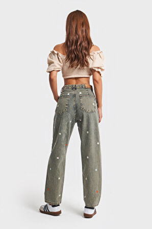 Kadın S Tint Kot Rengi Papatya Nakışlı %100 Koton Denim