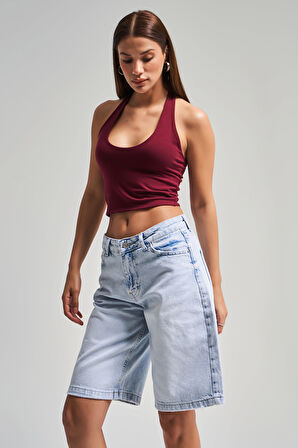 Kadın Snow Kot Rengi 4s5-100 %100 Koton Midi Baggy Fit Denim Bermuda Şort