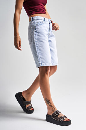 Kadın Snow Kot Rengi 4s5-100 %100 Koton Midi Baggy Fit Denim Bermuda Şort