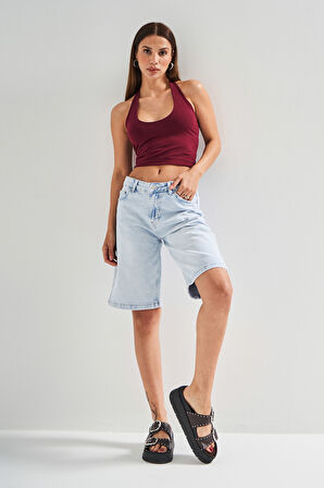 Kadın Snow Kot Rengi 4s5-100 %100 Koton Midi Baggy Fit Denim Bermuda Şort