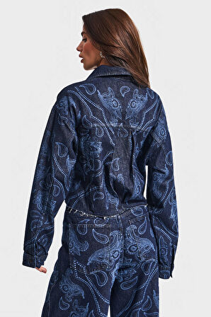 Kadın Koyu Mavi Renk 9w5-5 Önü Düğmeli Parlak Taş Desenli Özel Tasarım Denim Ceket