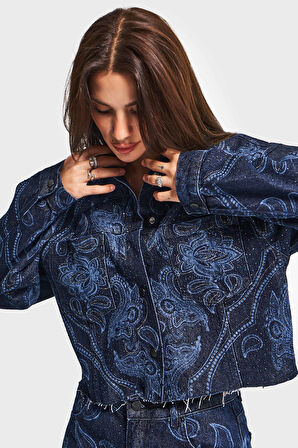 Kadın Koyu Mavi Renk 9w5-5 Önü Düğmeli Parlak Taş Desenli Özel Tasarım Denim Ceket