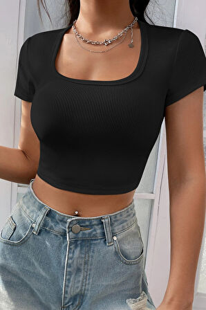 Kadın Siyah Yarım Kol Düz Yaka Crop Top Bluz - Siyah - L-XL