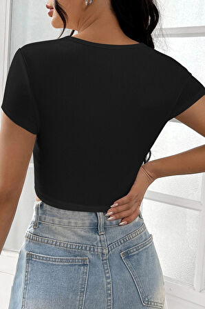 Kadın Siyah Yarım Kol Düz Yaka Crop Top Bluz - Siyah - L-XL