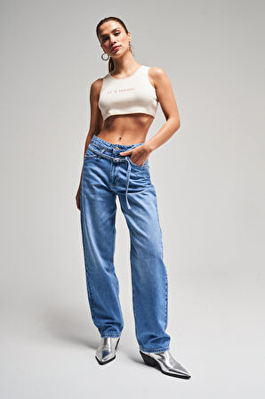 Kadın Mavi Renk 2S54 Taılored Fit Kemerli %100 Koton Denim