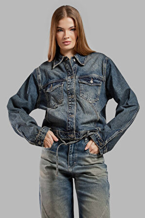 Kadın T.Kot Rengi 2w48 Bol Kesim Crop Denim Ceket