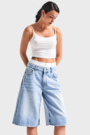 Kadın Snow Kot Rengi V-4S5-3 Dantelli Boxer Detaylı Maxi Boy Baggy Tasarım Denim Şort