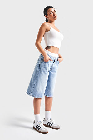 Kadın Snow Kot Rengi V-4S5-3 Dantelli Boxer Detaylı Maxi Boy Baggy Tasarım Denim Şort