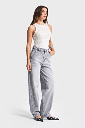 Kadın Gri Renk 4S5-12 Skater Fit Likralı Bol Kesim Denim Jean