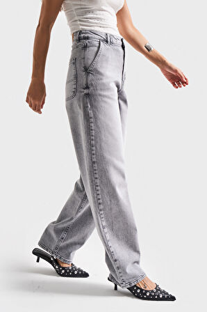 Kadın Gri Renk 4S5-12 Skater Fit Likralı Bol Kesim Denim Jean