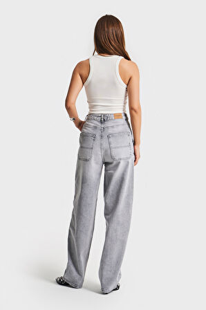 Kadın Gri Renk 4S5-12 Skater Fit Likralı Bol Kesim Denim Jean