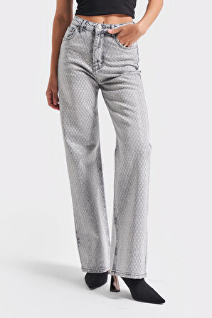 Kadın Gri Renk T-4S5-12 Straight Fit Esnek Kumaş Parlak Taşlı İç Boy 80cm Tasarım Denim Jean