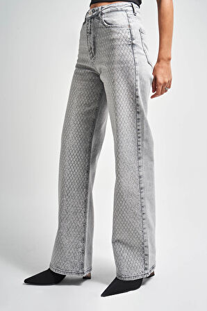 Kadın Gri Renk T-4S5-12 Straight Fit Esnek Kumaş Parlak Taşlı İç Boy 80cm Tasarım Denim Jean
