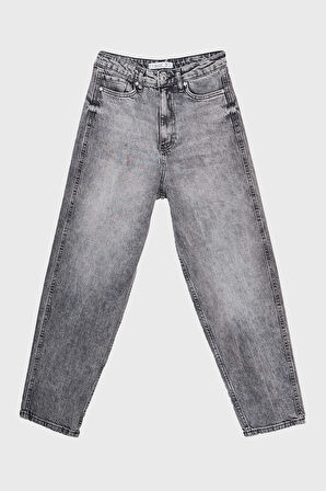 Kadın Gri Renk 4S5-13 Mom Relax Fit %100 Koton Yüksek Bel Denim Jean