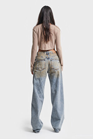 Kadın T Kot Rengi Özel Yıkamalı Tasarım Loose Fit Denim