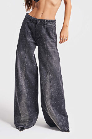 Kadın Koyu Füme Renk Palazzo Fit Parlak Taşlı Tasarım Denim