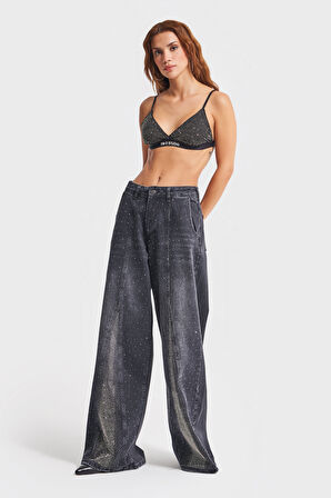 Kadın Koyu Füme Renk Palazzo Fit Parlak Taşlı Tasarım Denim
