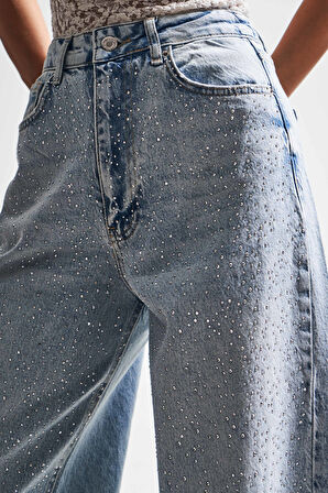 Kadın Ice Kot Rengi T-4w5-3 Skater Fit Önü Parlak Taşlı İç Boy 77cm Özel Tasarım Denim Jean