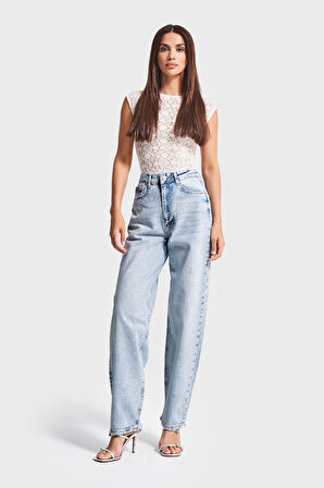 Kadın Ice Kot Rengi T-4w5-3 Skater Fit Önü Parlak Taşlı İç Boy 77cm Özel Tasarım Denim Jean