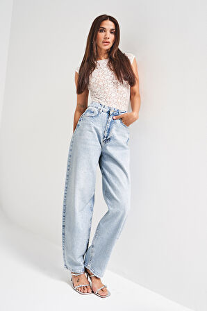 Kadın Ice Kot Rengi T-4w5-3 Skater Fit Önü Parlak Taşlı İç Boy 77cm Özel Tasarım Denim Jean