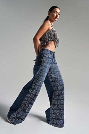 Kadın Koyu Mavi Renk T1-2W4-5 Palazzo Fit Etnik Parlak Taşlı Tasarım Denim Jean