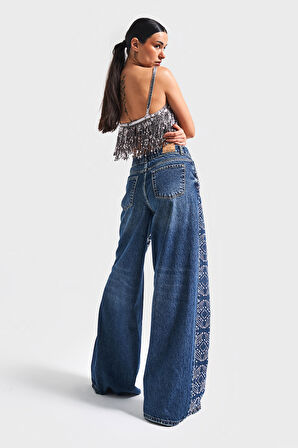 Kadın Koyu Mavi Renk T1-2W4-5 Palazzo Fit Etnik Parlak Taşlı Tasarım Denim Jean